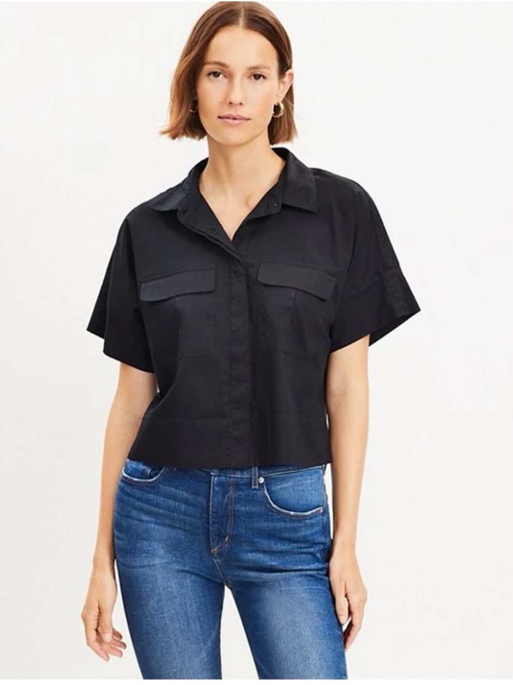 LOFT Cotton Blend Modern Drop Shoulder Pocket Shirt Cropped Sz M